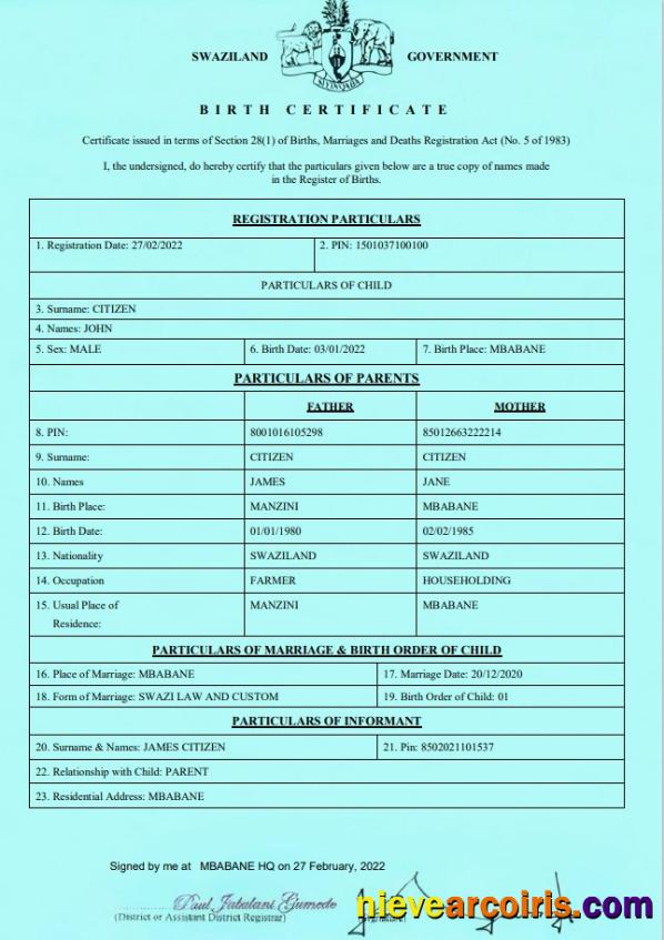 Swaziland birth certificateSwaziland birth certificate